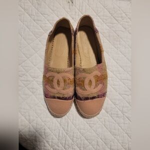 Chanel Pink Tan Multicolored Tweed Flat Slip-on Espadrilles Sandals Size 41